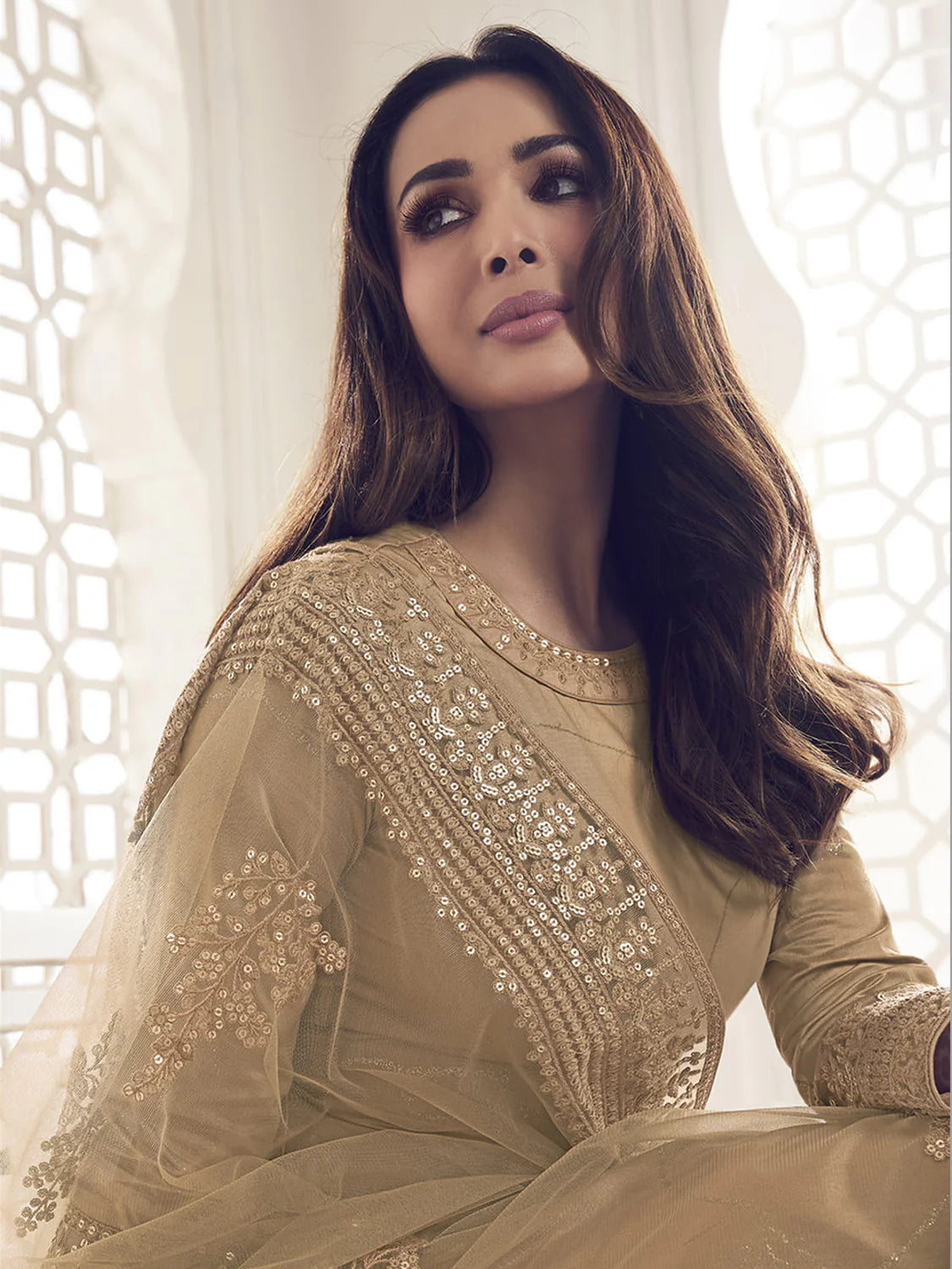 BEIGE FLORAL THREAD AND SEQUINES EMBROIDERED KURTA SET (MALAIKA STYLE)