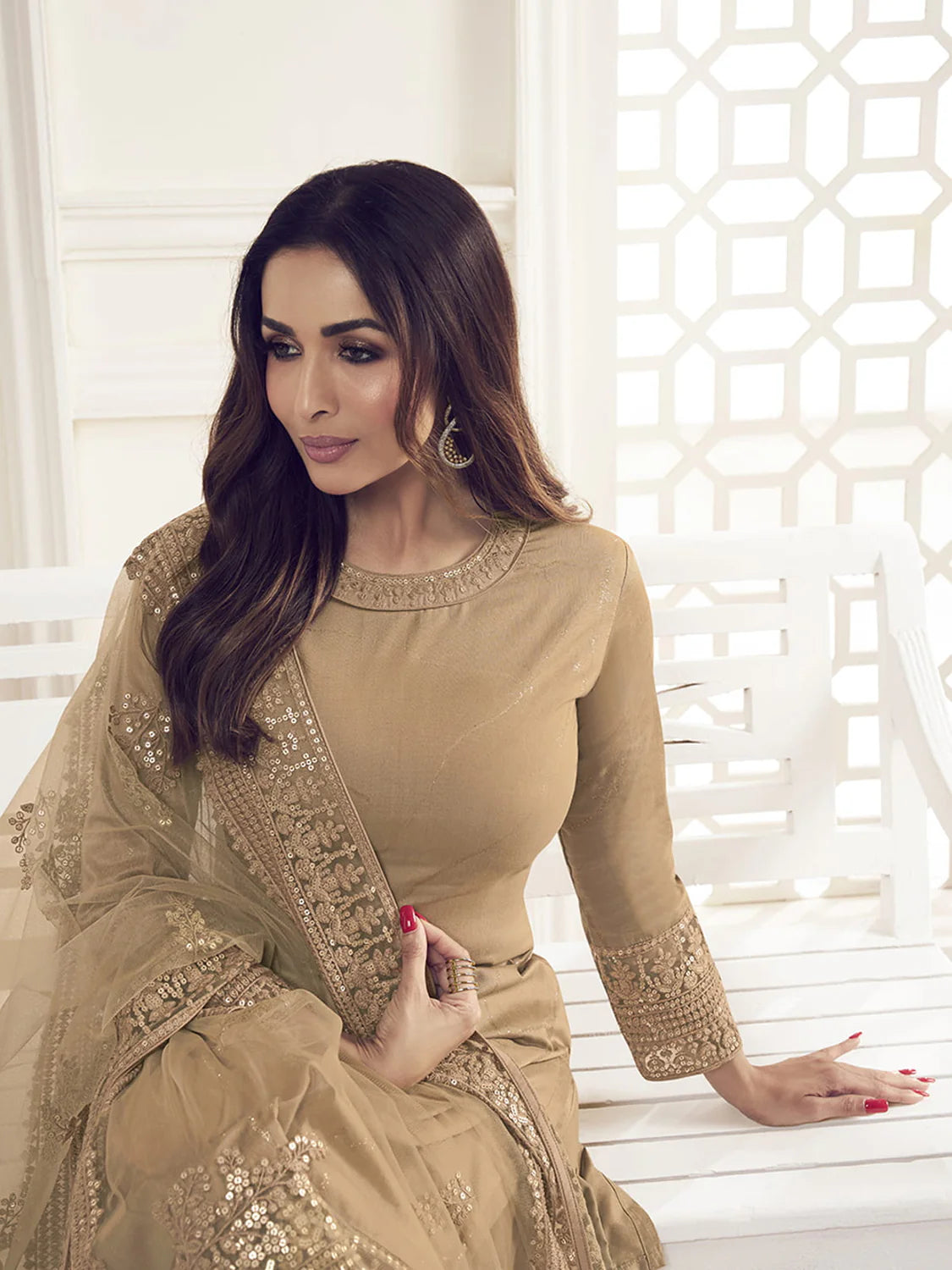 BEIGE FLORAL THREAD AND SEQUINES EMBROIDERED KURTA SET (MALAIKA STYLE)