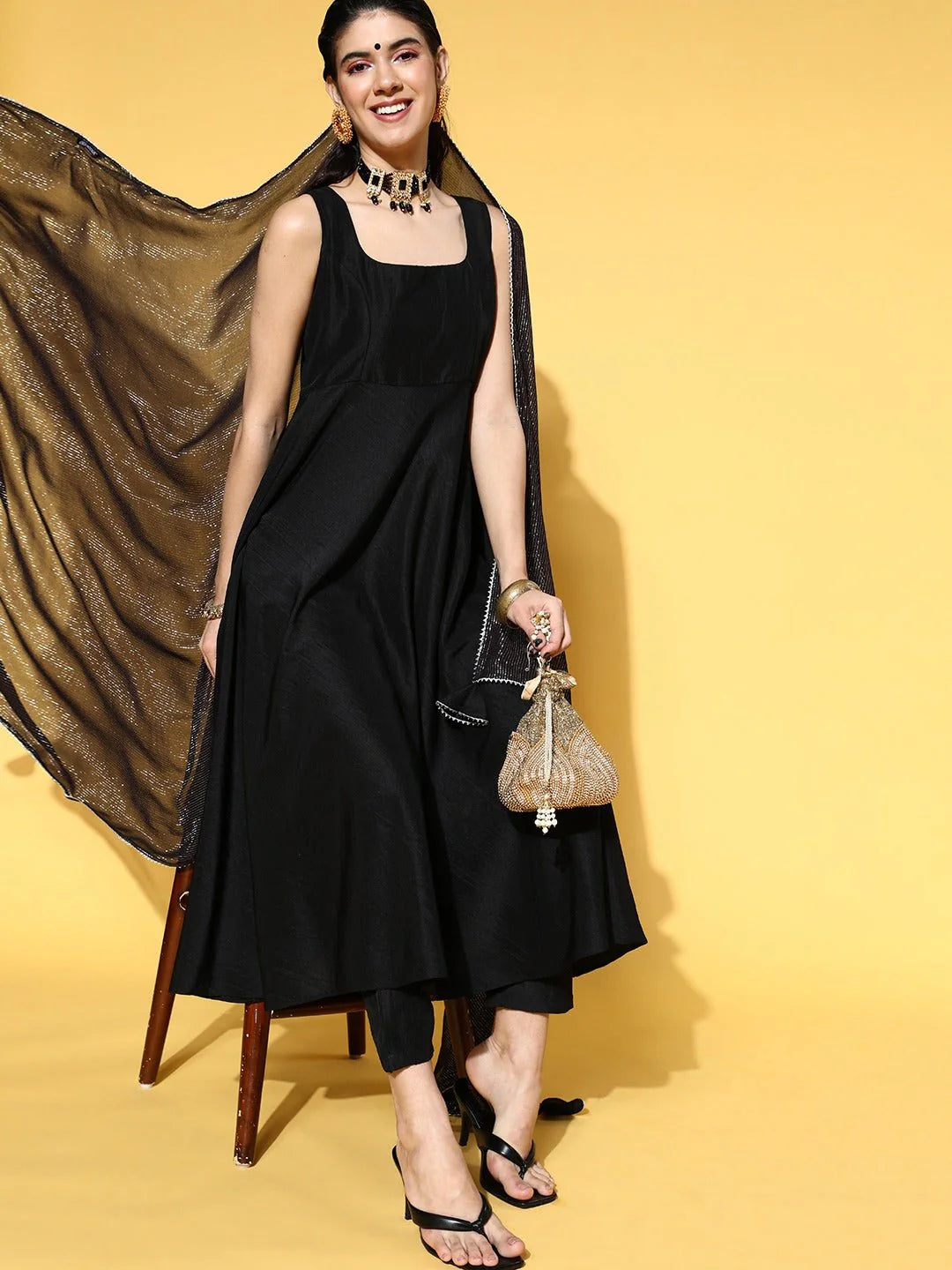 BLACK SOLID KURTA WITH TROUSERS & SELF DESIGN DUPATTA
