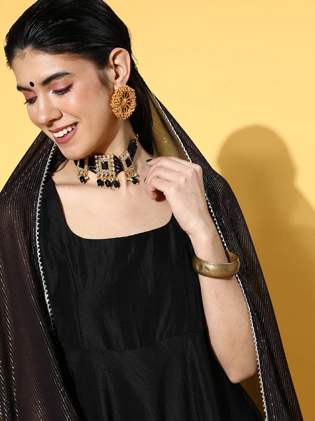 BLACK SOLID KURTA WITH TROUSERS & SELF DESIGN DUPATTA