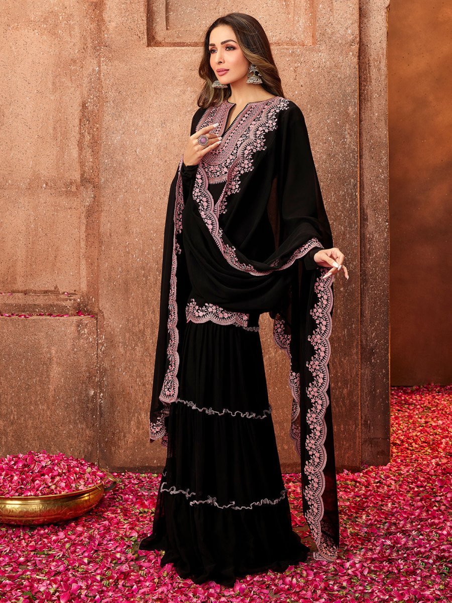 Black Ethnic Motifs Thread Work Kurta with Skirt & Dupatta (Malaika Style)