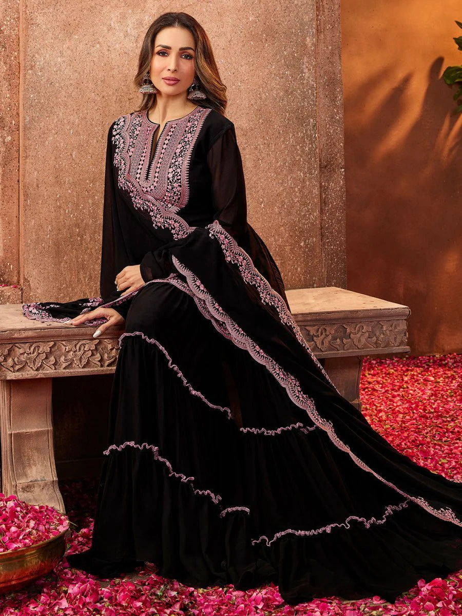 Black Ethnic Motifs Thread Work Kurta with Skirt & Dupatta (Malaika Style)