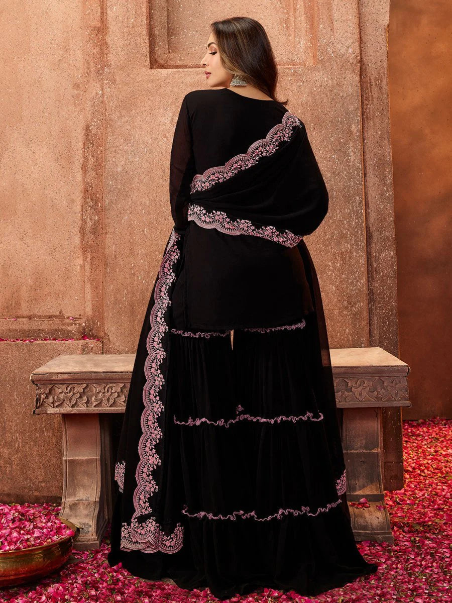Black Ethnic Motifs Thread Work Kurta with Skirt & Dupatta (Malaika Style)