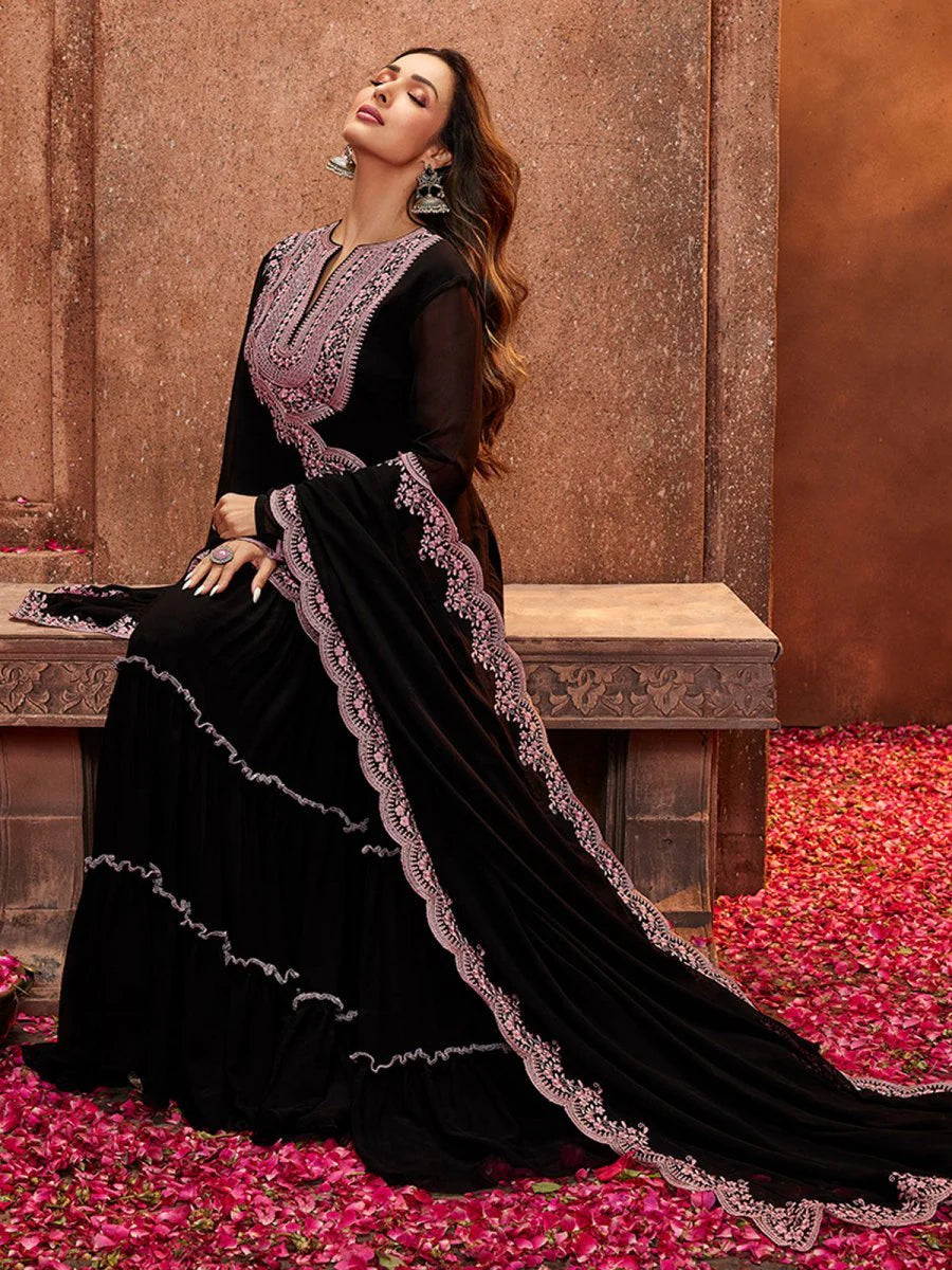 Black Ethnic Motifs Thread Work Kurta with Skirt & Dupatta (Malaika Style)