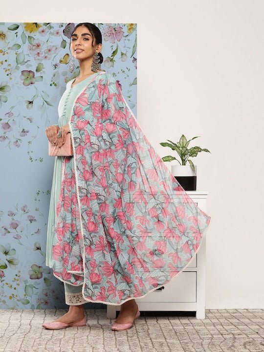 Blue Anarkali Kurta With Palazzos & Floral Dupatta