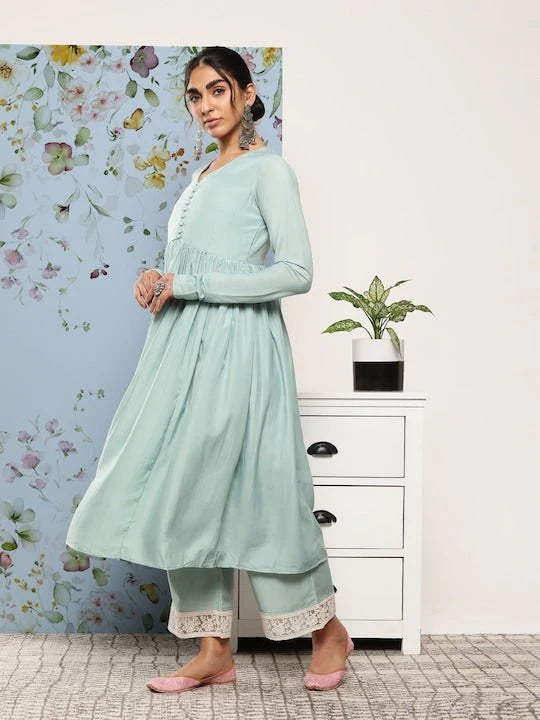 Blue Anarkali Kurta With Palazzos & Floral Dupatta