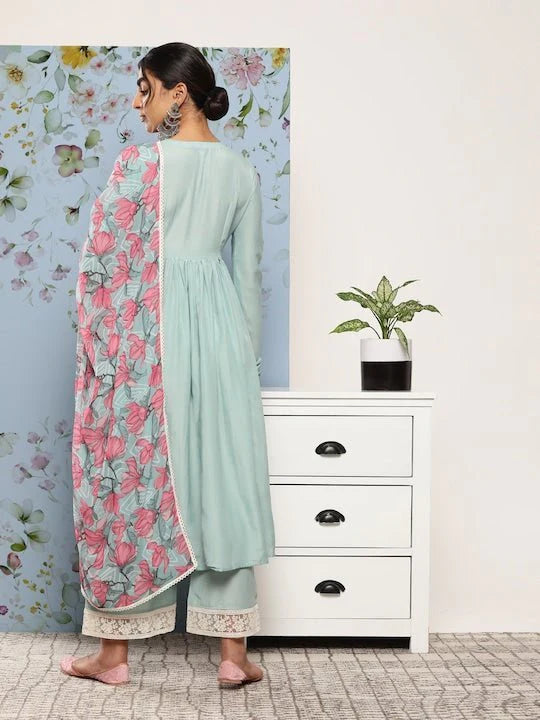 Blue Anarkali Kurta With Palazzos & Floral Dupatta