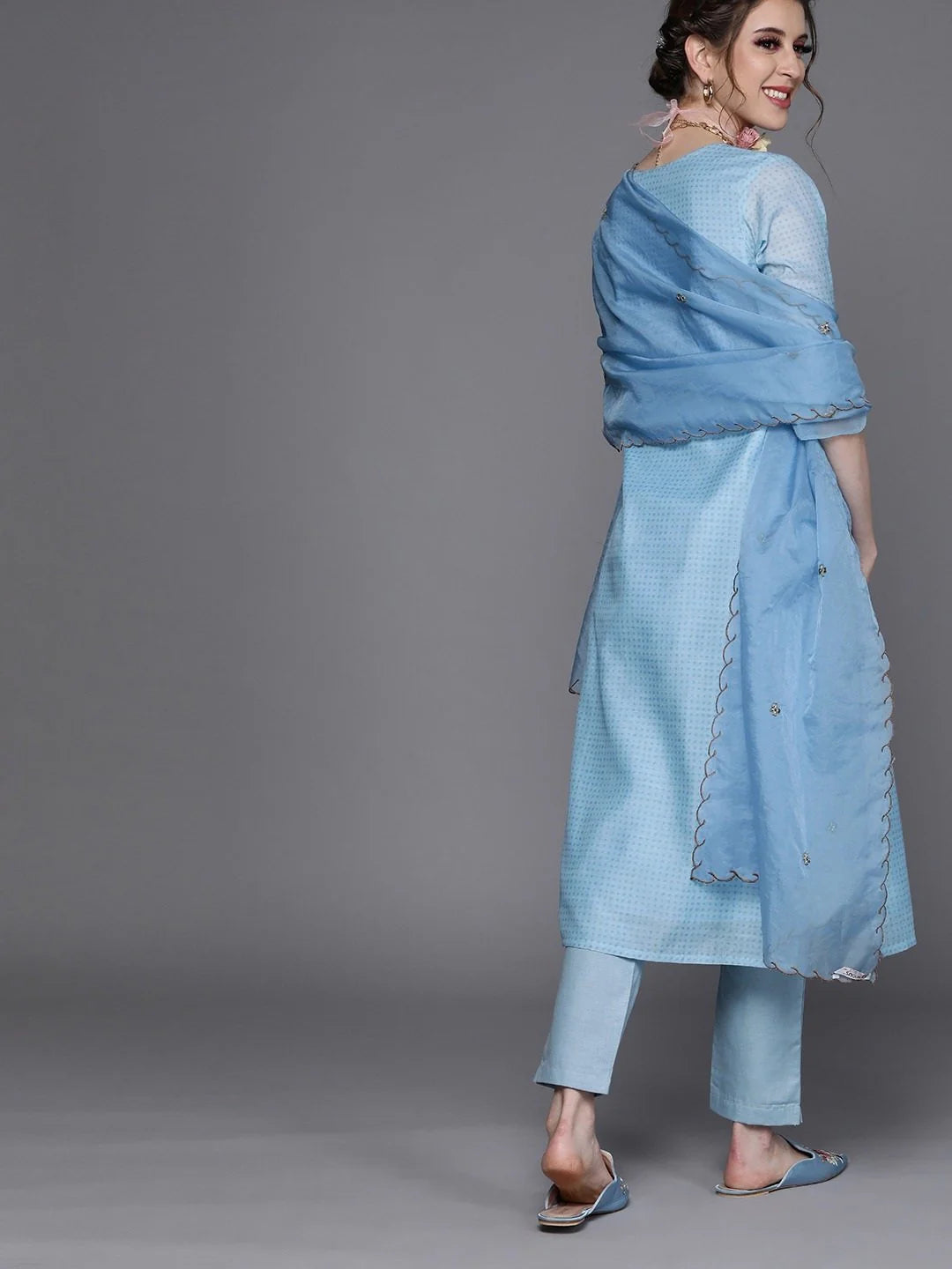 BLUE CHANDERI COTTON PARTYWEAR SOLID STRAIGHT CUT SUIT
