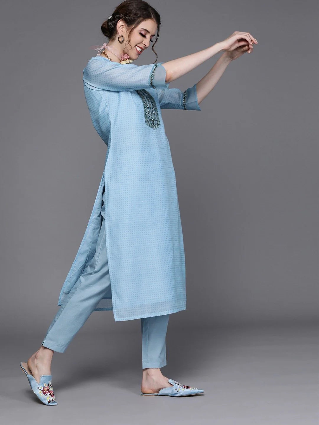 BLUE CHANDERI COTTON PARTYWEAR SOLID STRAIGHT CUT SUIT