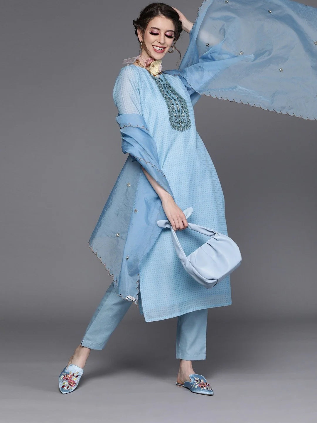 BLUE CHANDERI COTTON PARTYWEAR SOLID STRAIGHT CUT SUIT