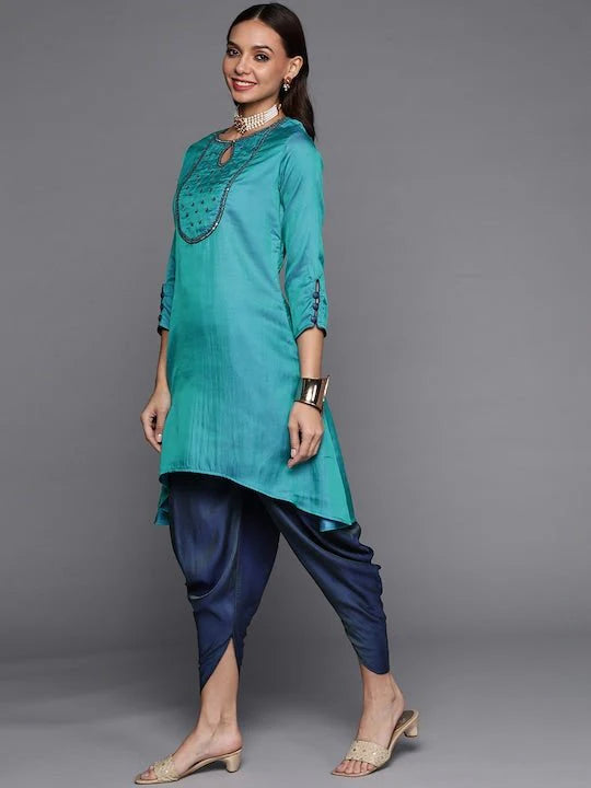 BLUE EMBROIDERED SEQUINNED KURTA WITH DHOTI PANTS (SPECIAL OCCASION)