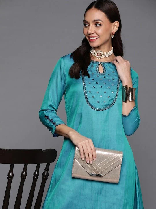 BLUE EMBROIDERED SEQUINNED KURTA WITH DHOTI PANTS (SPECIAL OCCASION)