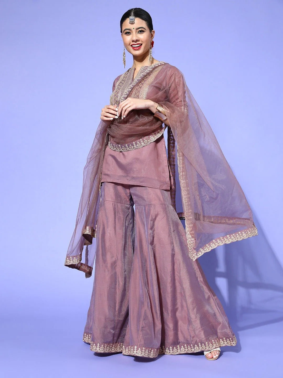 DUSKY BROWN CHANDERI COTTON EMBORIDERED KURTA SET