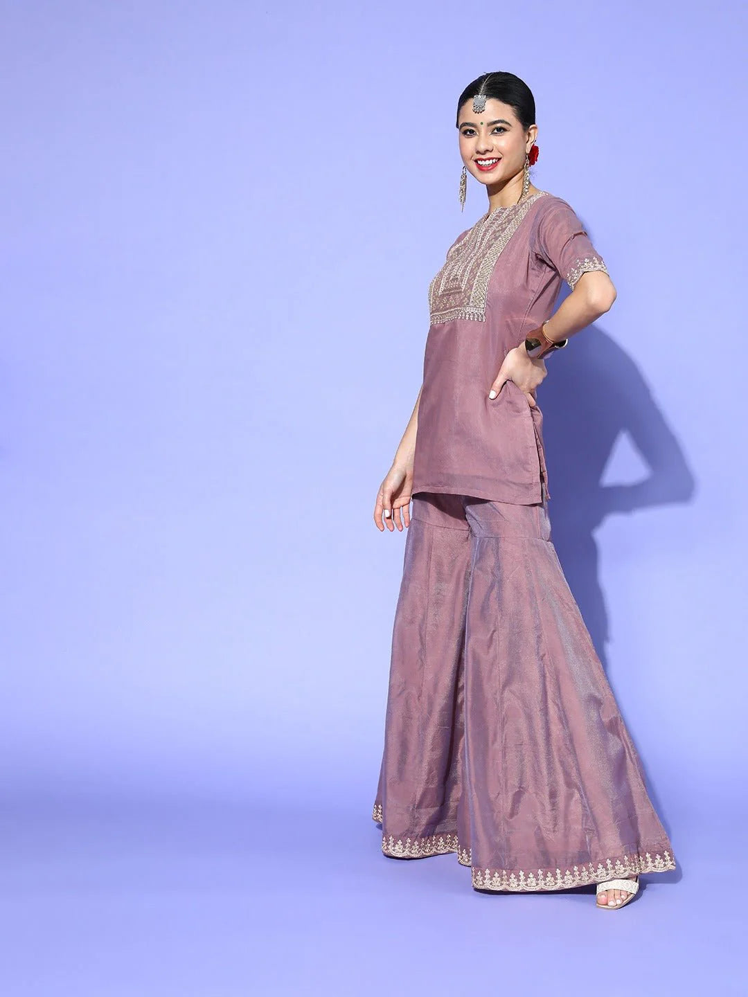 DUSKY BROWN CHANDERI COTTON EMBORIDERED KURTA SET