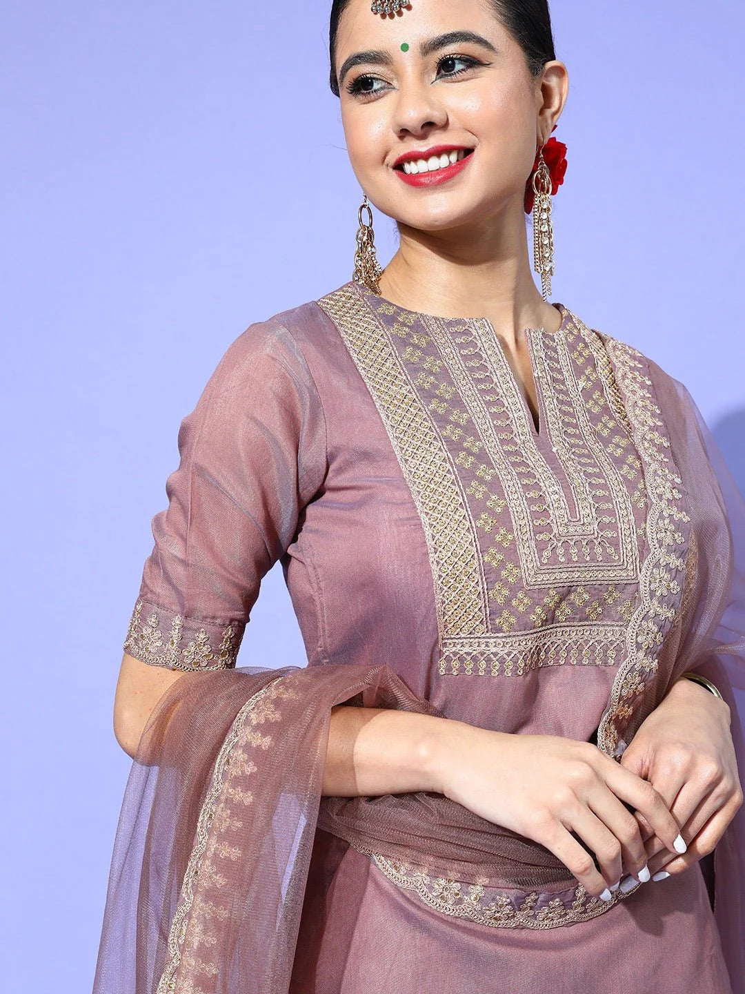 DUSKY BROWN CHANDERI COTTON EMBORIDERED KURTA SET