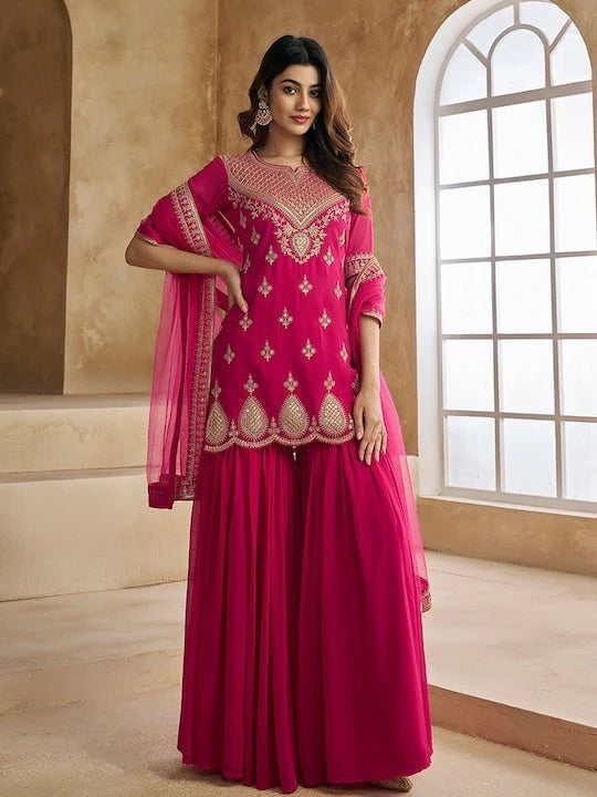 EMBROIDERED SEQUINNED SCALLOPED KURTI WITH SHARARA & DUPATTA