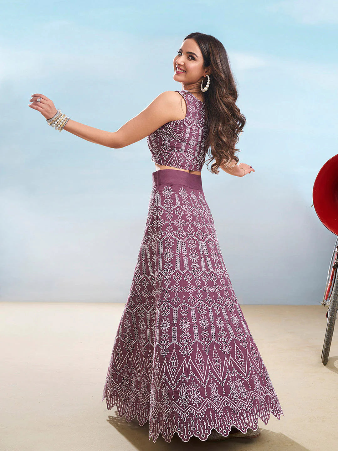 Ethnic Motifs Chikankari Embroidered Round Neck Cotton Top With Skirt Co-Ords (Jasmin Bhasin)