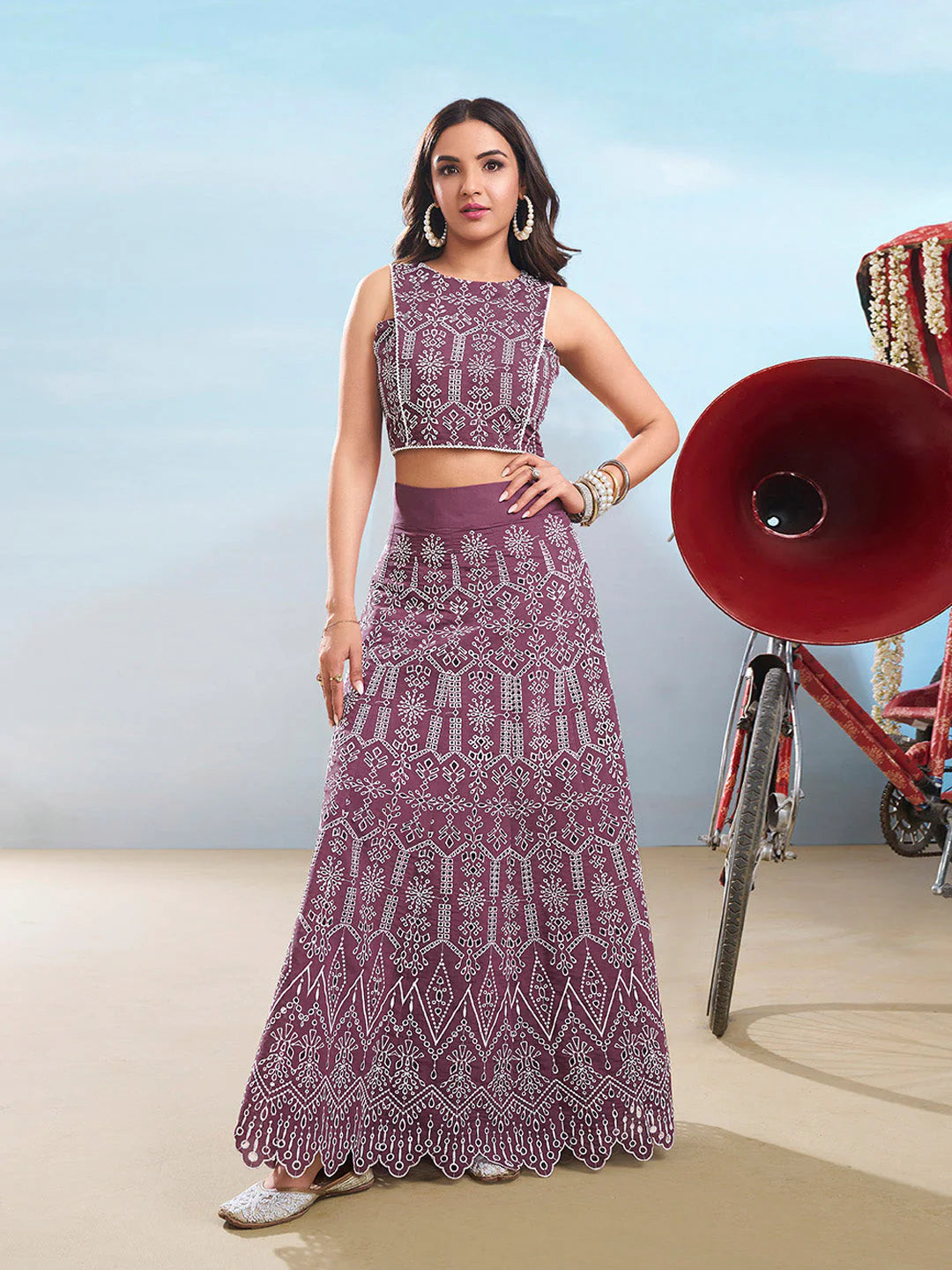 Ethnic Motifs Chikankari Embroidered Round Neck Cotton Top With Skirt Co-Ords (Jasmin Bhasin)