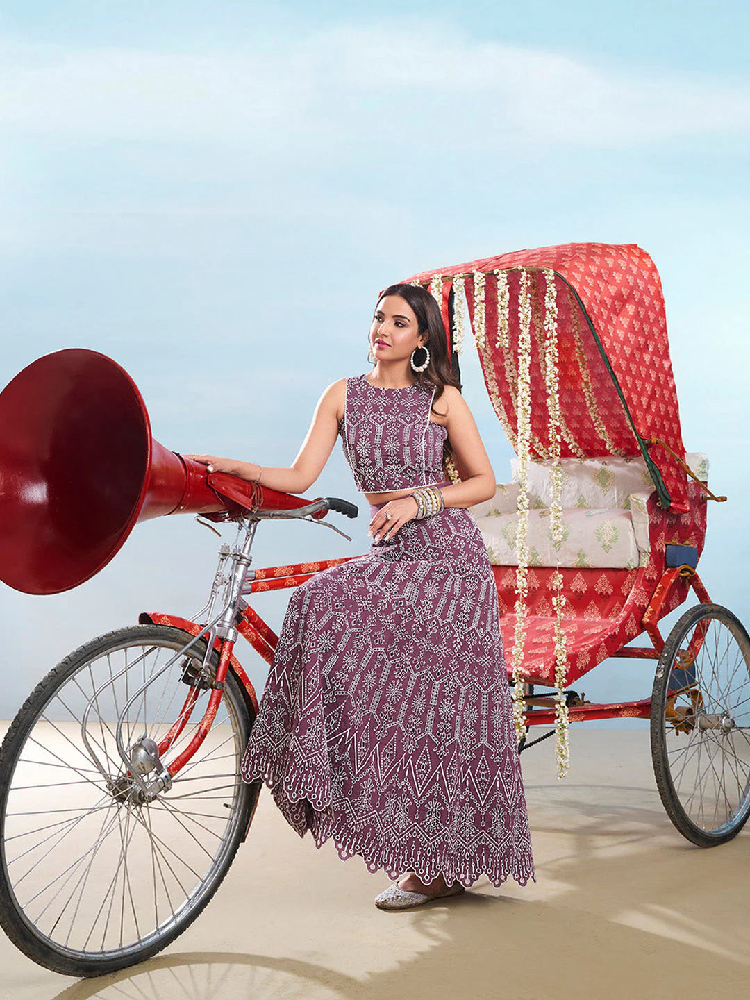 Ethnic Motifs Chikankari Embroidered Round Neck Cotton Top With Skirt Co-Ords (Jasmin Bhasin)