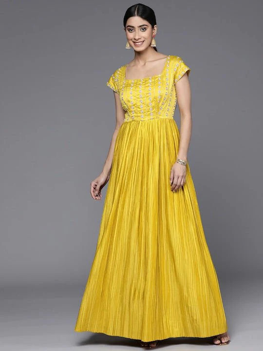 ETHNIC MOTIFS EMBROIDERED SEQUINNED SATIN ETHNIC DRESS