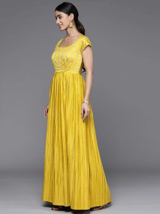 ETHNIC MOTIFS EMBROIDERED SEQUINNED SATIN ETHNIC DRESS