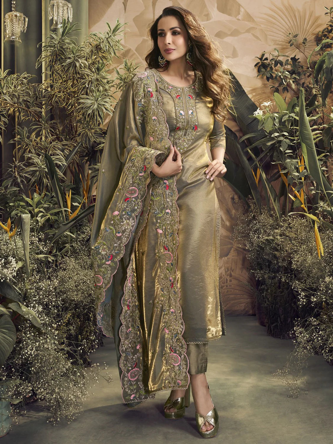 FLORAL EMBROIDERED REGULAR KURTA WITH TROUSERS & DUPATTA (MALAIKA STYLE)
