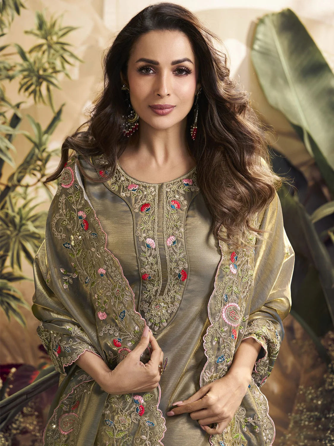 FLORAL EMBROIDERED REGULAR KURTA WITH TROUSERS & DUPATTA (MALAIKA STYLE)