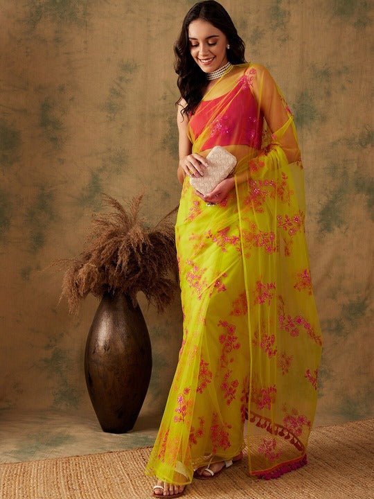 Floral Embroidered Sequins Details Yellow Net Saree