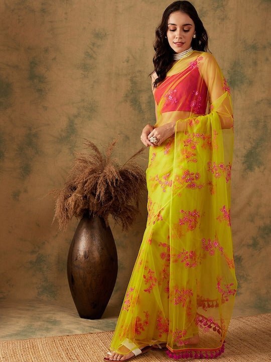 Floral Embroidered Sequins Details Yellow Net Saree