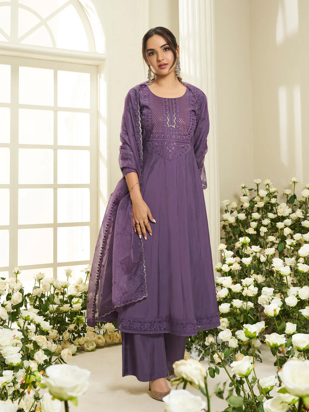 Floral Sequinned Anarkali Kurta With Palazzos & DUPATTA (Jasmin Bhasin Style)
