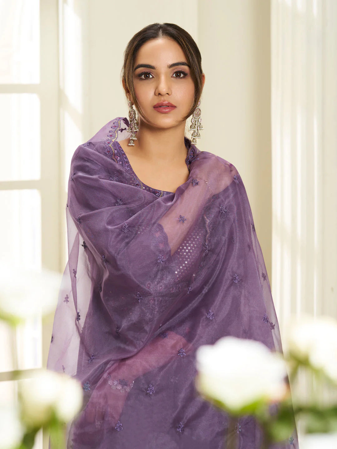 Floral Sequinned Anarkali Kurta With Palazzos & DUPATTA (Jasmin Bhasin Style)