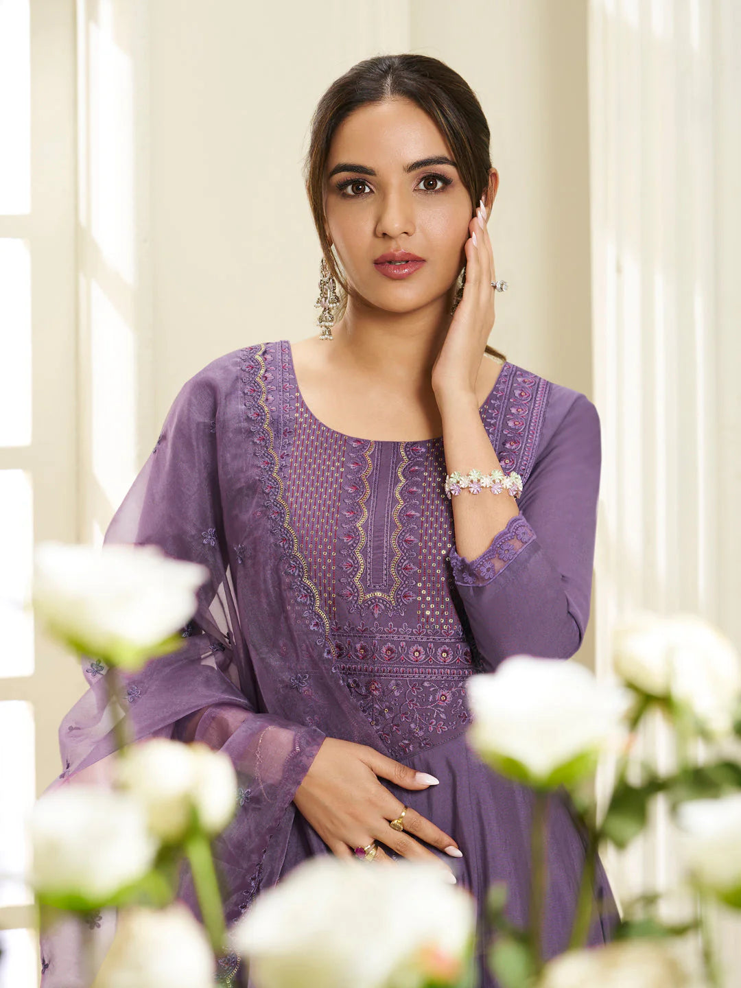 Floral Sequinned Anarkali Kurta With Palazzos & DUPATTA (Jasmin Bhasin Style)