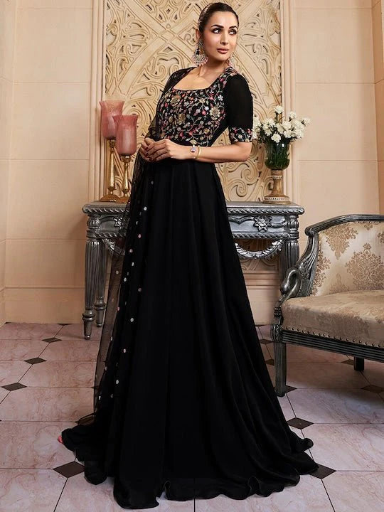 FLORAL EMBROIDERED FIT & FLARE MAXI ETHNIC DRESS WITH DUPATTA