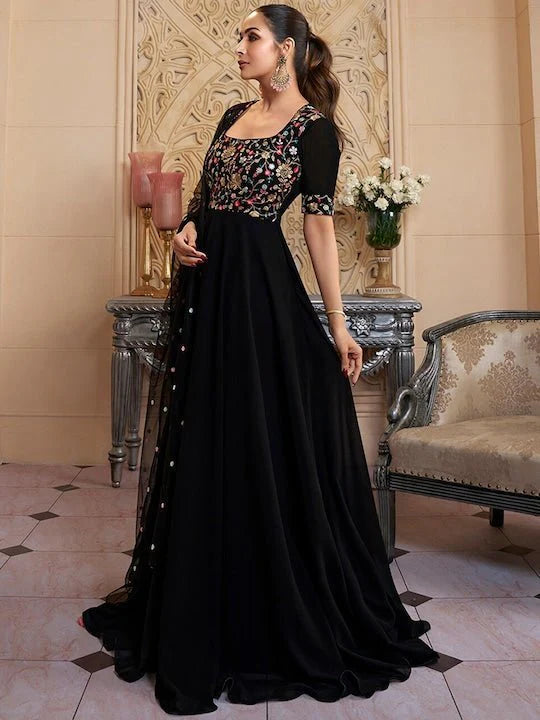 FLORAL EMBROIDERED FIT & FLARE MAXI ETHNIC DRESS WITH DUPATTA