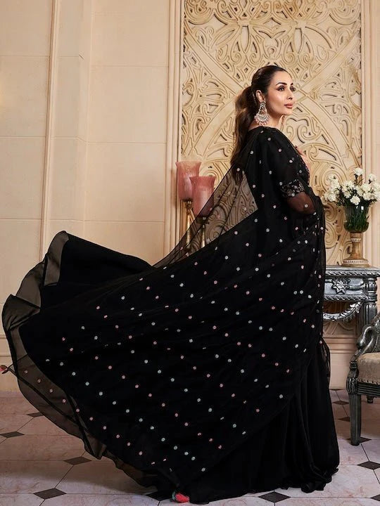 FLORAL EMBROIDERED FIT & FLARE MAXI ETHNIC DRESS WITH DUPATTA
