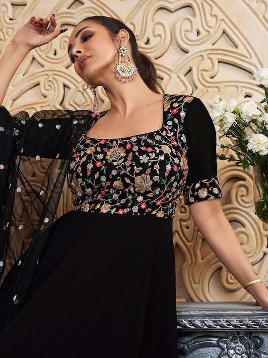 FLORAL EMBROIDERED FIT & FLARE MAXI ETHNIC DRESS WITH DUPATTA