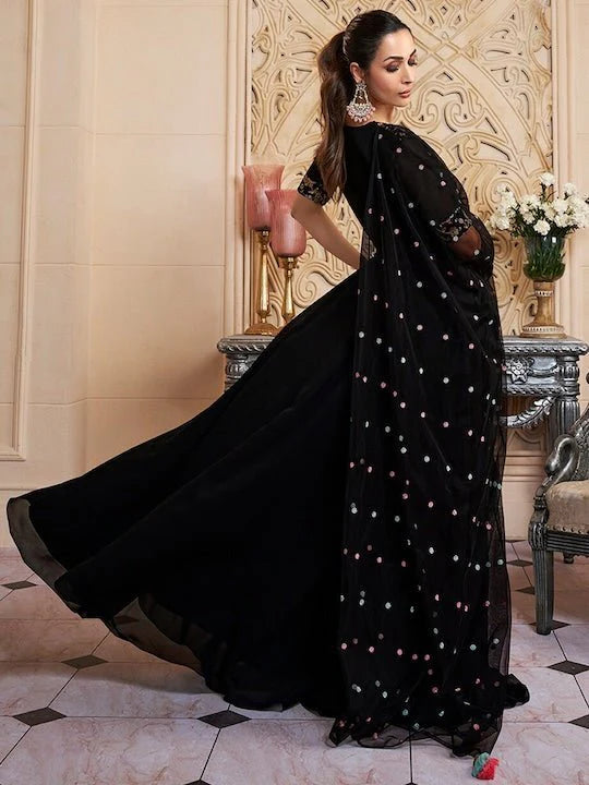 FLORAL EMBROIDERED FIT & FLARE MAXI ETHNIC DRESS WITH DUPATTA