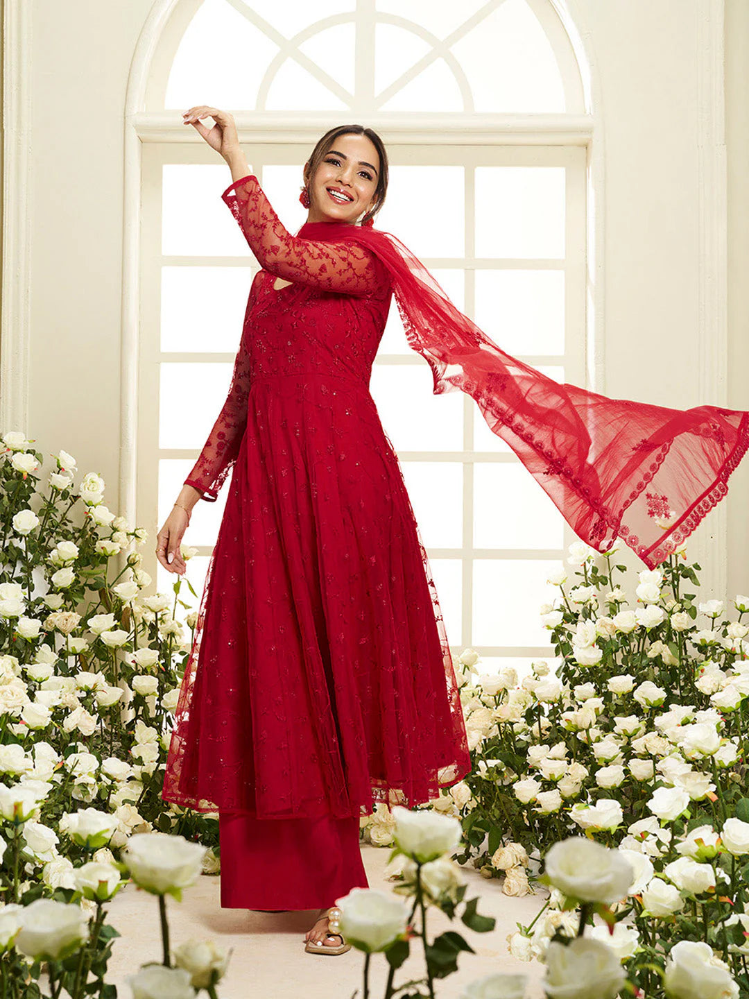 Floral Embroidered Round Neck Sequinned Anarkali Kurta With Palazzos & Dupatta ( Jasmin Bhasin Style)