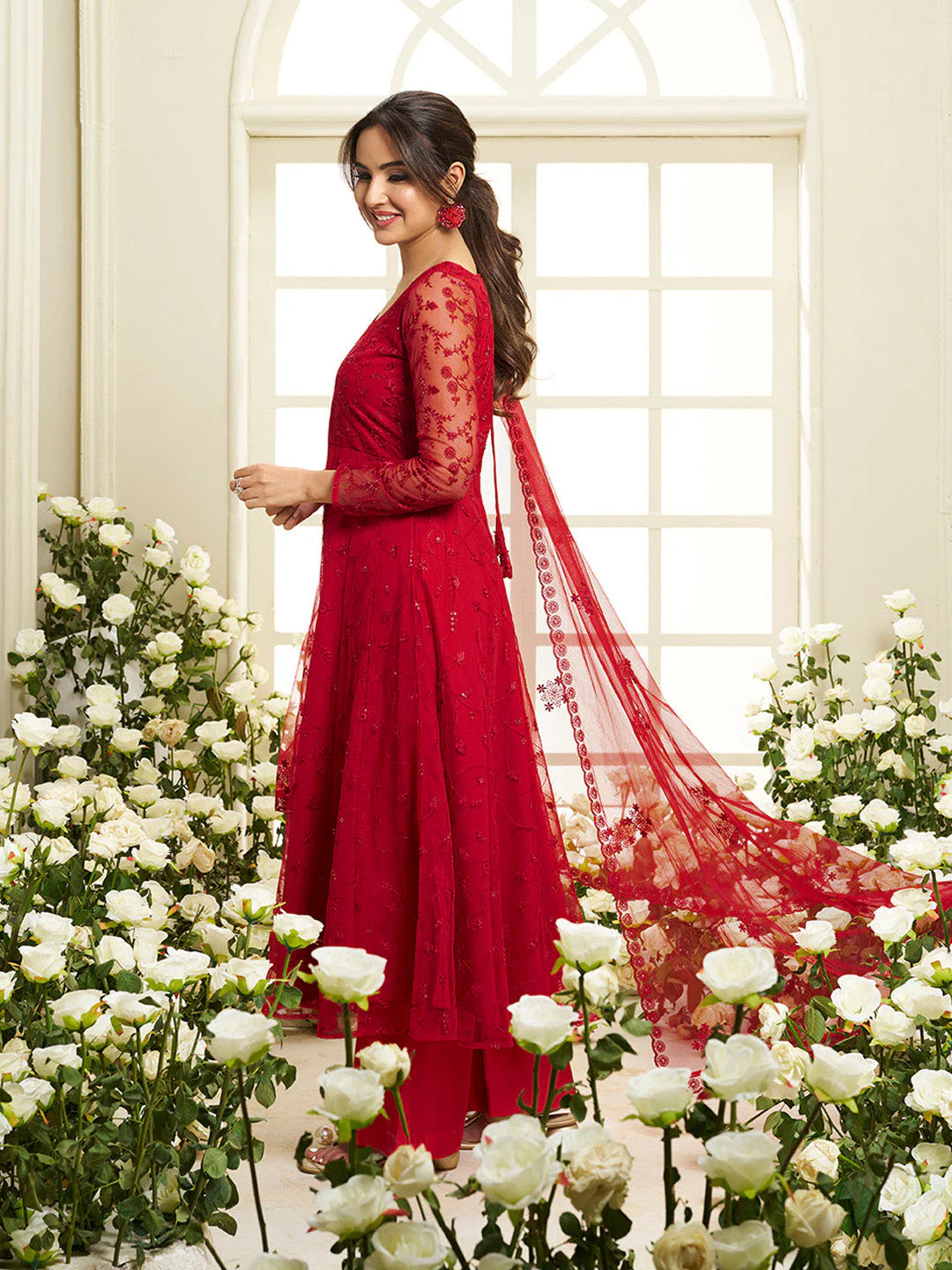 Floral Embroidered Round Neck Sequinned Anarkali Kurta With Palazzos & Dupatta ( Jasmin Bhasin Style)