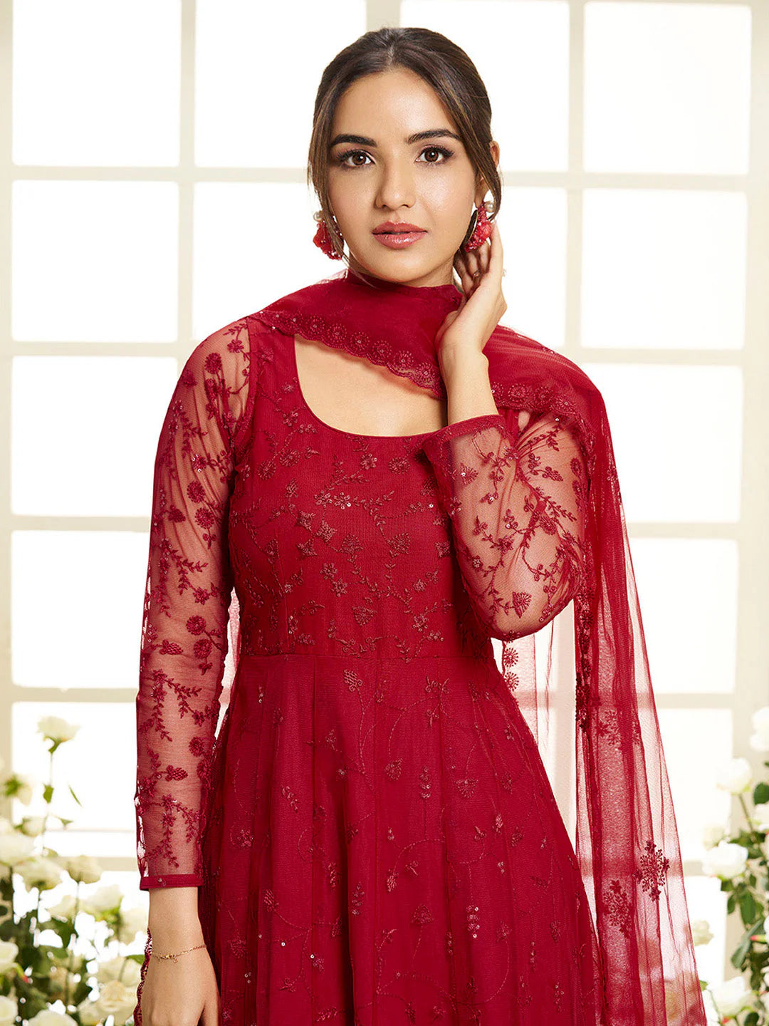 Floral Embroidered Round Neck Sequinned Anarkali Kurta With Palazzos & Dupatta ( Jasmin Bhasin Style)
