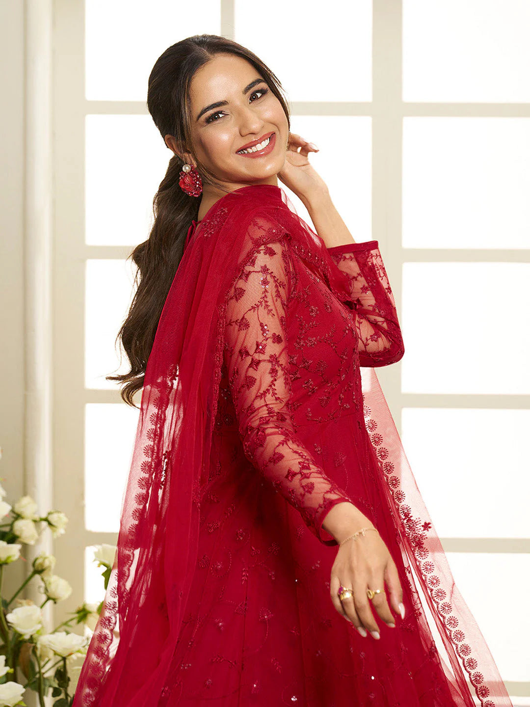 Floral Embroidered Round Neck Sequinned Anarkali Kurta With Palazzos & Dupatta ( Jasmin Bhasin Style)