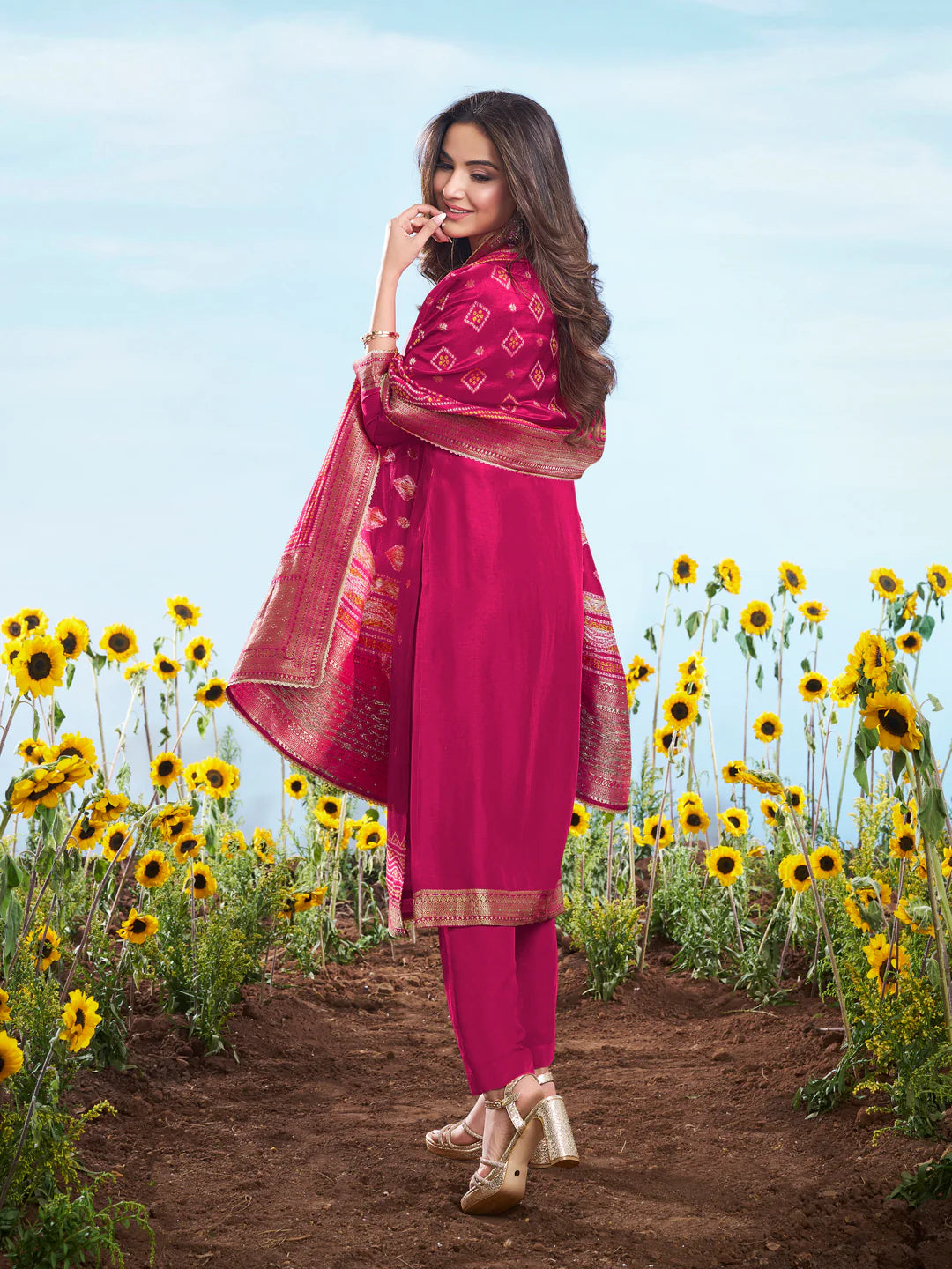Floral Embroidered Sequnnied Jacquard Straight Kurta & Trousers With Dupatta (Jasmin Bhasin)