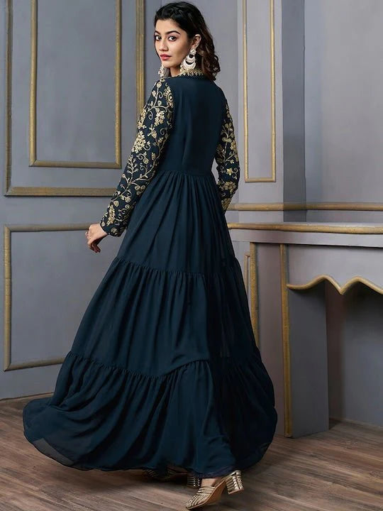 Floral Embroidered Square Neck Fit & Flare Ethnic Maxi Dress