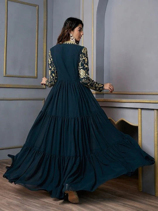 Floral Embroidered Square Neck Fit & Flare Ethnic Maxi Dress