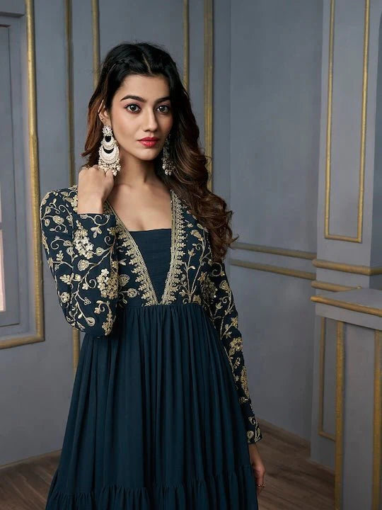 Floral Embroidered Square Neck Fit & Flare Ethnic Maxi Dress