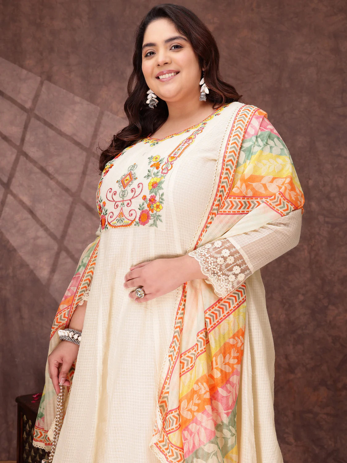 Floral Embroidered Thread Work Anarkali Kurta with Trousers & Dupatta