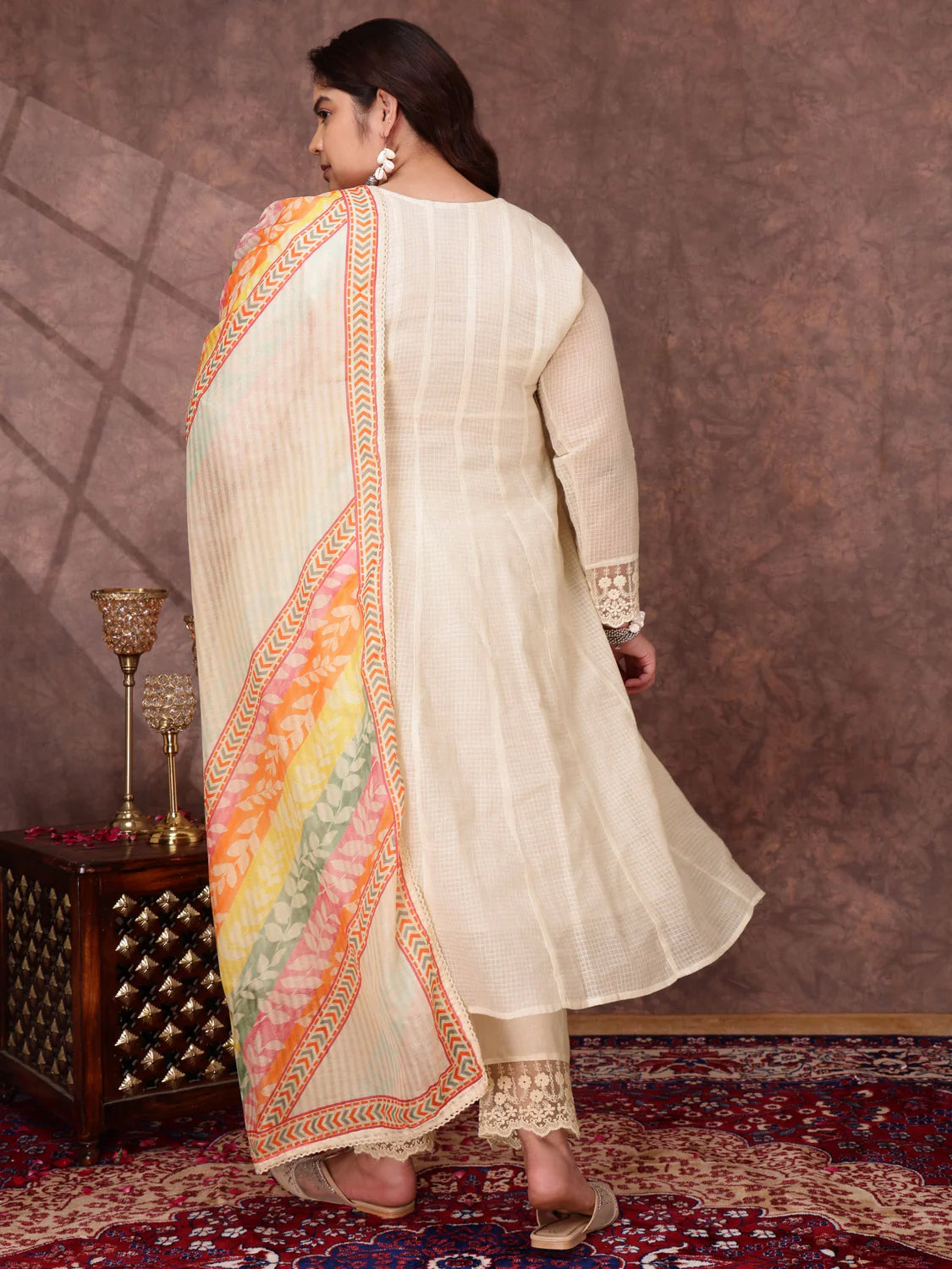 Floral Embroidered Thread Work Anarkali Kurta with Trousers & Dupatta