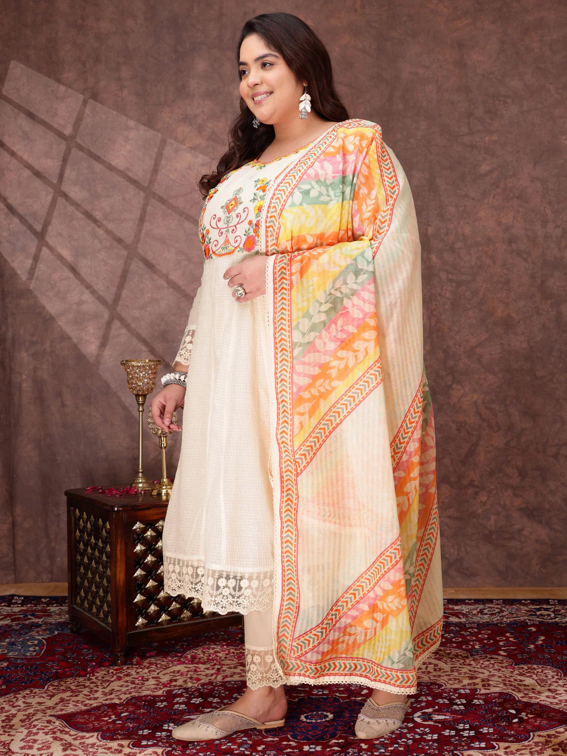 Floral Embroidered Thread Work Anarkali Kurta with Trousers & Dupatta