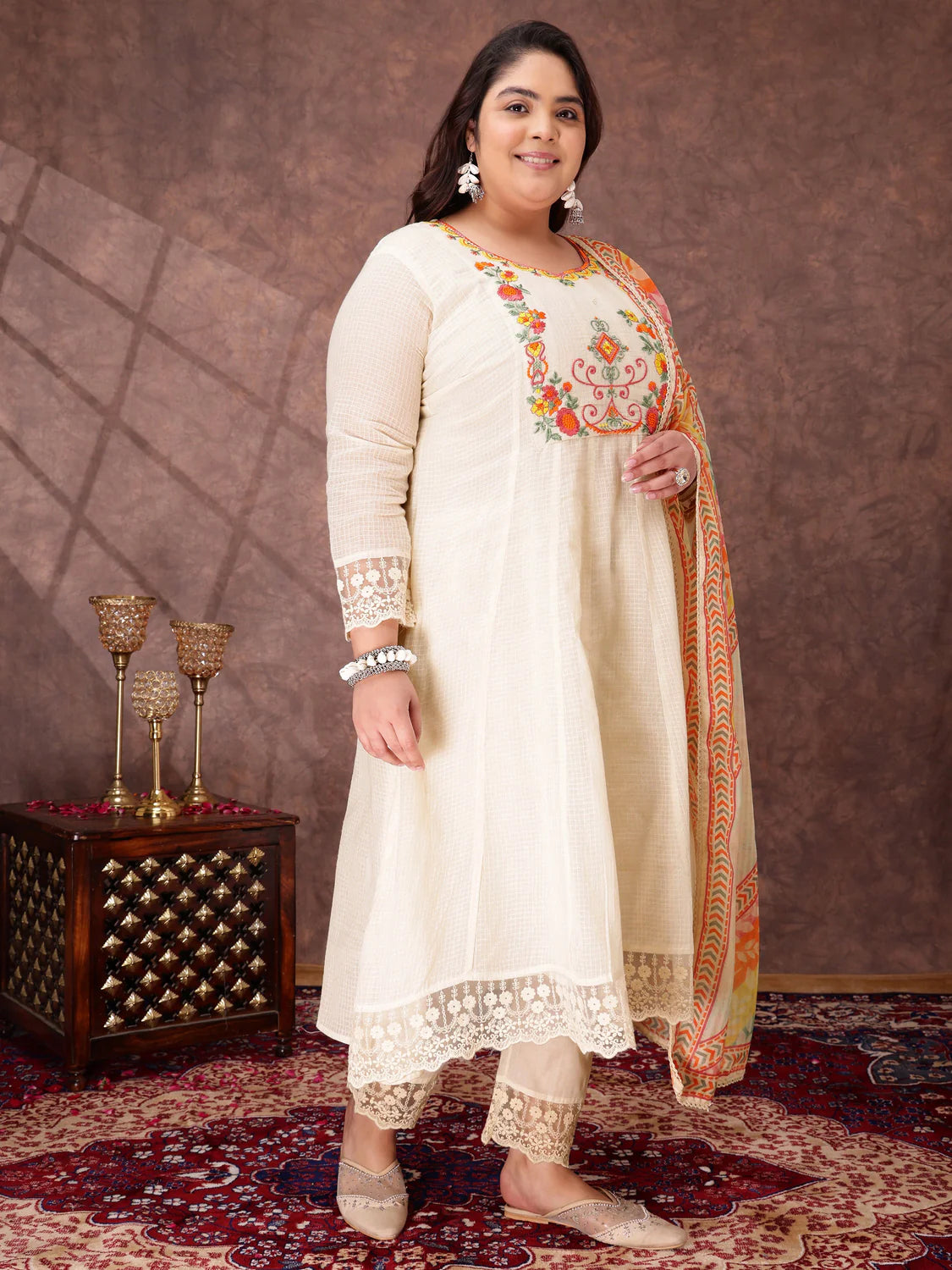 Floral Embroidered Thread Work Anarkali Kurta with Trousers & Dupatta