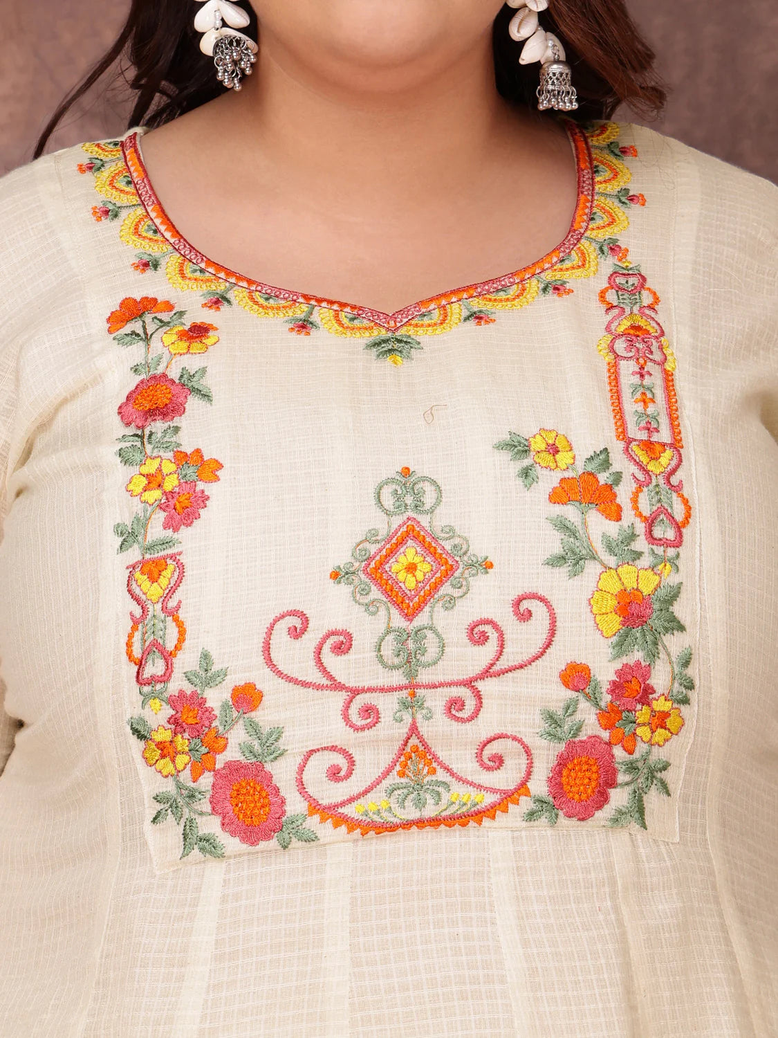 Floral Embroidered Thread Work Anarkali Kurta with Trousers & Dupatta